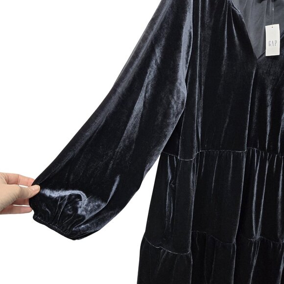 GAP Black Velvet Tiered Babydoll Dress Long Sleeve V-Neck Womens L Fairy Goth - Picture 5 of 7